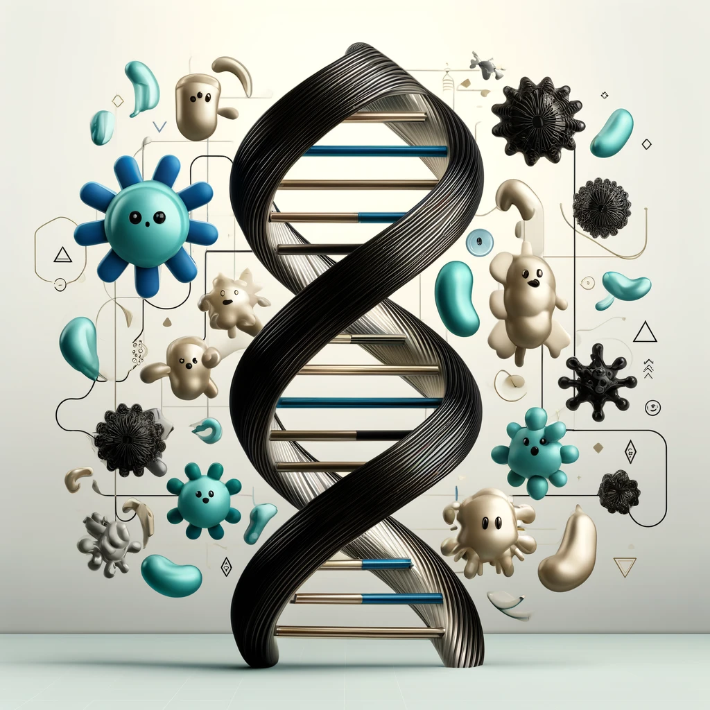 DALL·E 2024 04 01 14.00.45 Create a modern and sophisticated image similar to the last one featuring an abstract representation of a DNA double helix intertwined with stylized