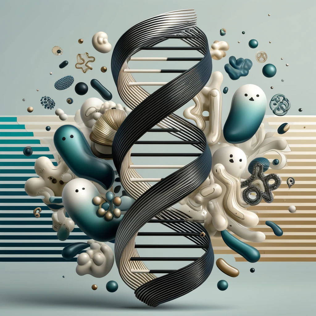 dalle 2024 04 01 13 49 28 take the previously adapted image of the sleek modern abstract dna double helix intertwined with friendly looking gut bacteria characters using a co